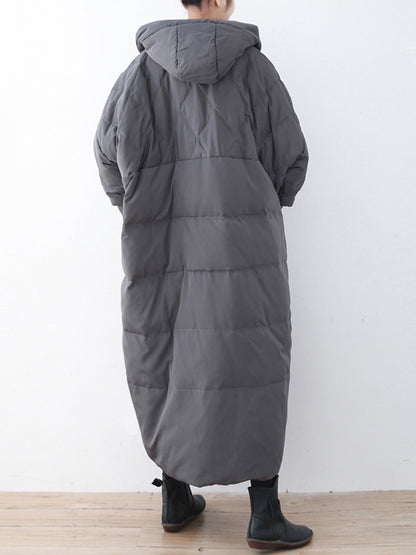 Simple White Duck Down Over Knee Solid Color Zipper Hooded Down Wear Coat
