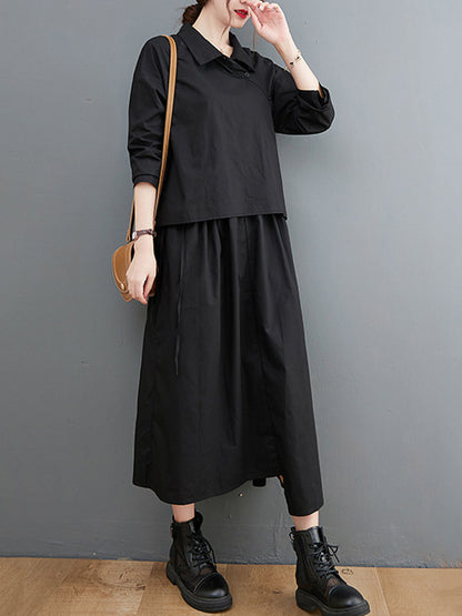Artistic Retro Irregular Split-Joint Plaid Pleated Buttoned Elasticity Waist Lapel Collar Long Sleeves Midi Shirt Dress