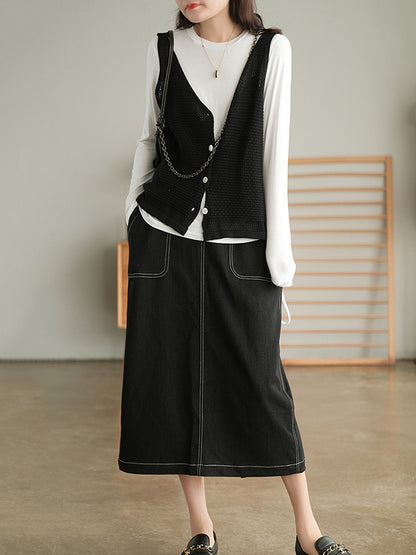 Simple Solid Color Buttoned V-Neck Hollow Vest Tops