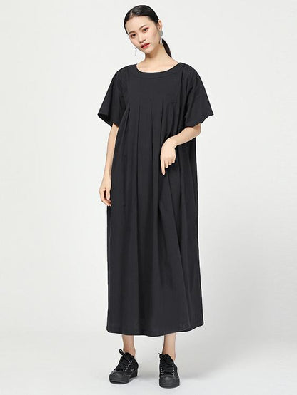Ramie Loose Solid Round-neck Long Dress