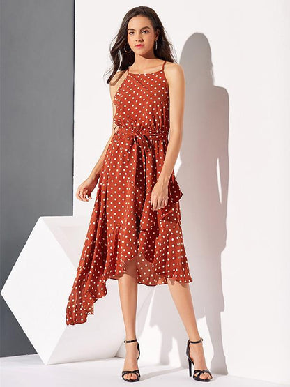 Polka-Dot  Printed  Irregular Hem  Sleeveless Midi Dress