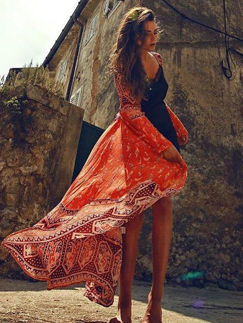 Floral Long Sleeves Beach Cover-Ups Dress