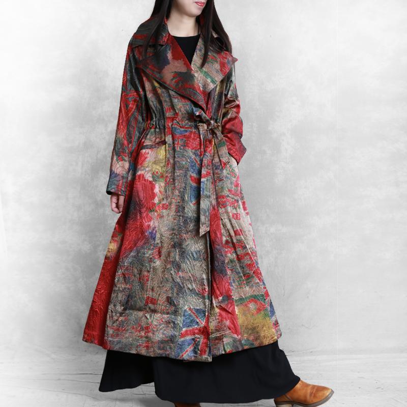 Buykud Fashion Printed Lacing Casual Loose Trench Coat