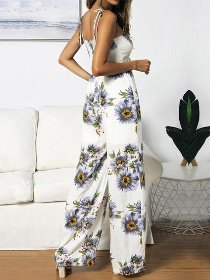 Sunflower Printed Spaghetti-neck Jumpsuits