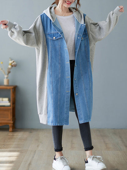 Casual Cotton Denim Split-Joint Hooded Outerwear