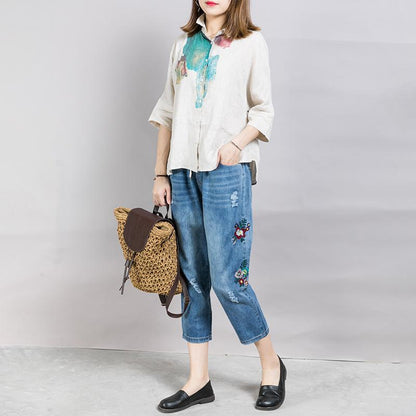 Embroidered Flowers And Frayed Casual Jeans
