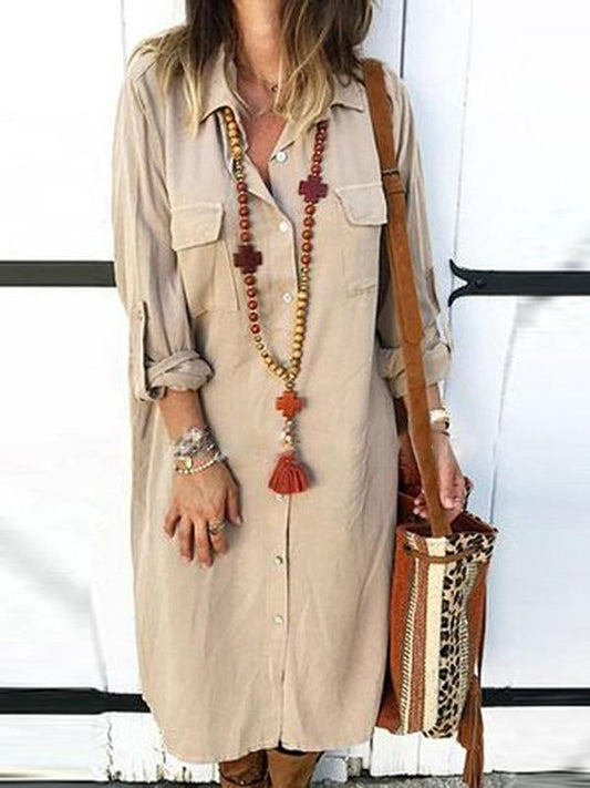 Bohemia Solid Color Shirt Midi Dress