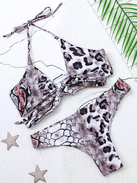 Snakeskin Print Cross Strap Bikini Swimsuit