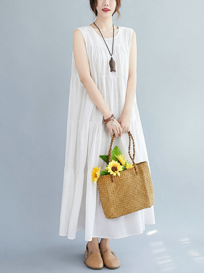 Simple Casual Loose Artistic Retro Pleated Solid Color Midi Dress