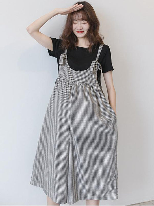 Maternity Plaid Wide Leg Spaghetti-neck Jumpsuits