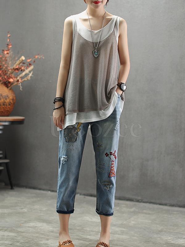 Casual Jean Embroidered Pants