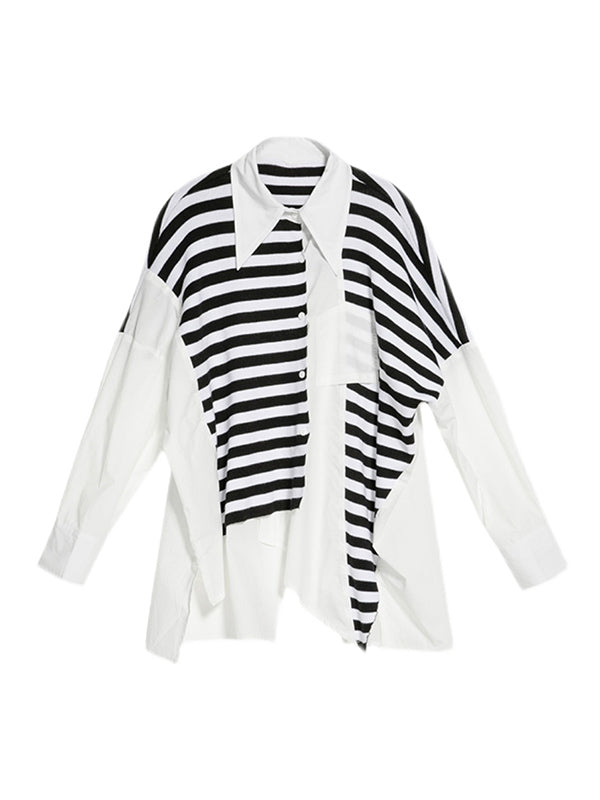 Stylish Asymmetric Split-Joint Striped High-Low Irregular Clipping Split-Back Blouse