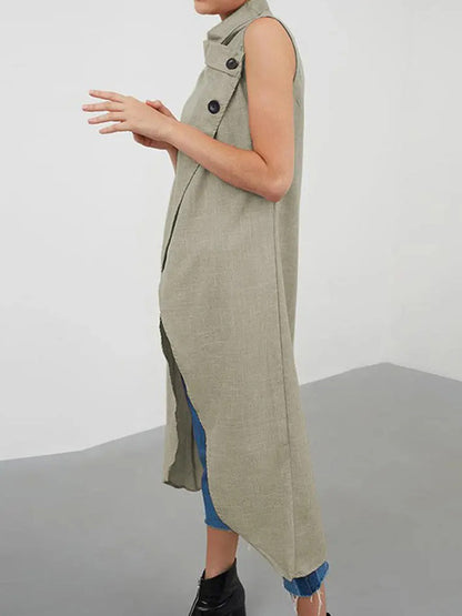 Stylish High-Low Solid Color Cross-Strap Stand Collar Vest Top