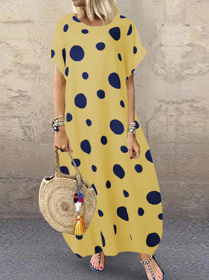Casual Polka-Dot Batwing Sleeves Round-Neck Maxi Dress