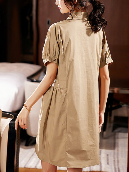 Casual Solid Color Pleated Elasticity Buttoned Split-Joint With Pocket Lapel Collar Short Sleeves Mini Dress