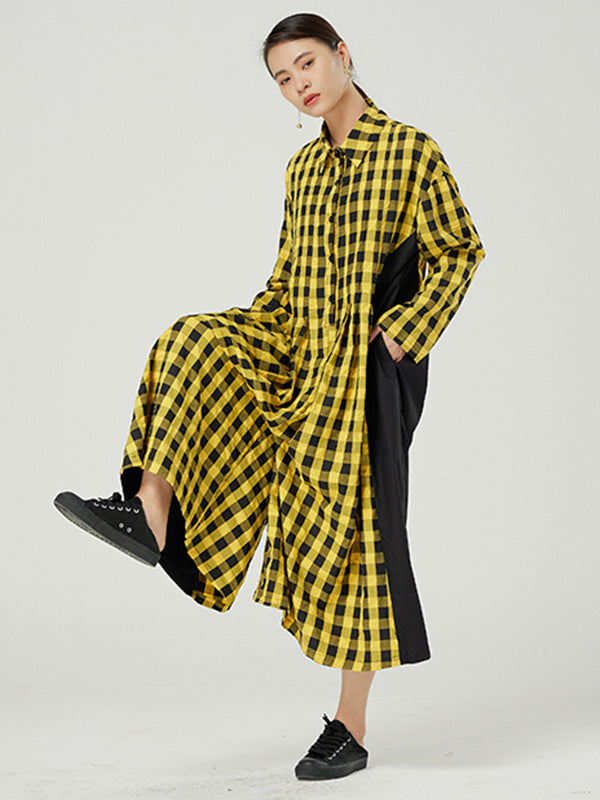 Casual Loose Long Sleeve Plaid Jumpsuits Bottoms