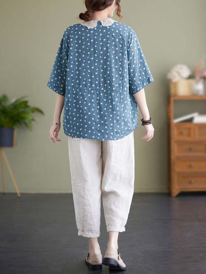 Artistic Retro Loose Polka-Dot Hollow Lace Peter Pan Collar Blouse