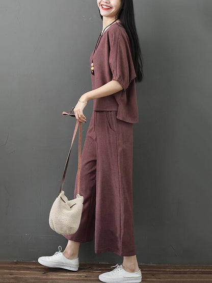 Solid  Short Sleeves Blouse + Wide Leg Pants Suit