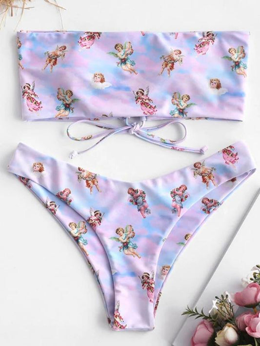 Angle Print Bandeau High Cut Bikini Swimsuit