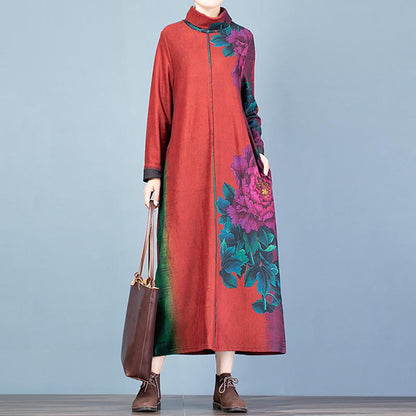 Buykud Fashion Turtleneck Floral Printed Warm Dress
