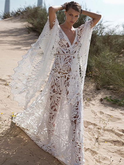 Lace Hollow Flared Sleeves Bohemia Wedding Dress