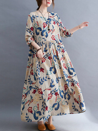 Casual Ramie Cotton Floral Printed Round-Neck Long Sleeves Over Size Maxi Dress