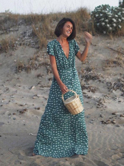 Printed Bow-embellished V-neck Maxi Dress
