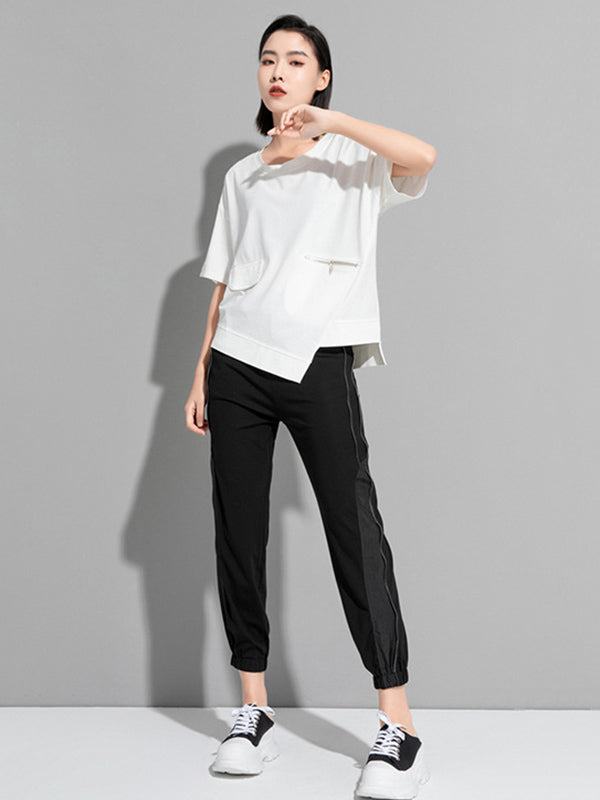 Fashion Asymmetric Irregular Clipping Split-Side Round-Neck T-Shirt