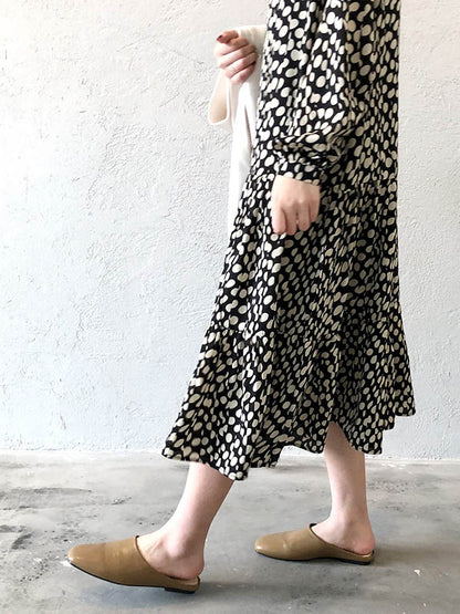 Stylish Polka-Dot Pleated Round-Neck Long Sleeves Loose Midi Dress