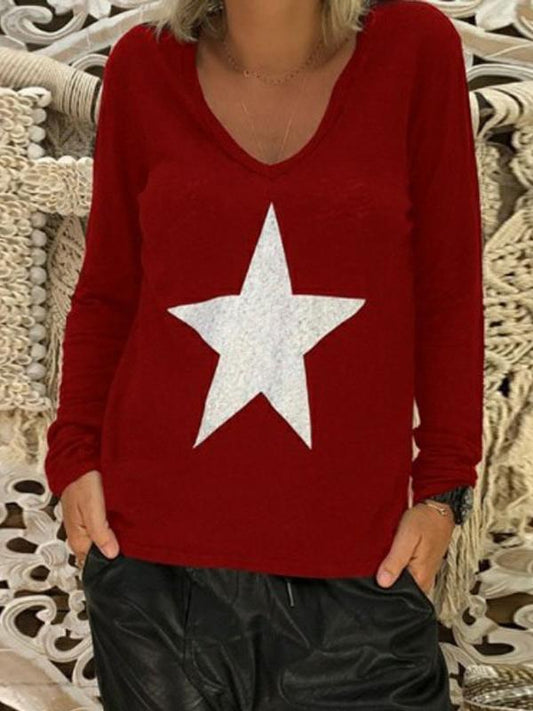 Printed V-neck Long Sleeve T-Shirt