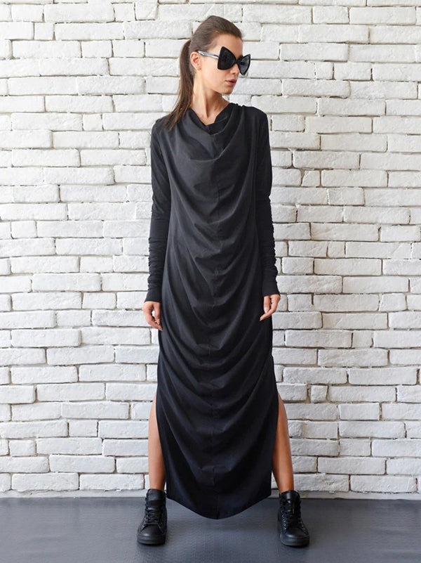 Stylish Black Pleats Heaps Collar Split-Side Long Sleeve Maxi Dress