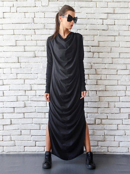 Stylish Black Pleats Heaps Collar Split-Side Long Sleeve Maxi Dress
