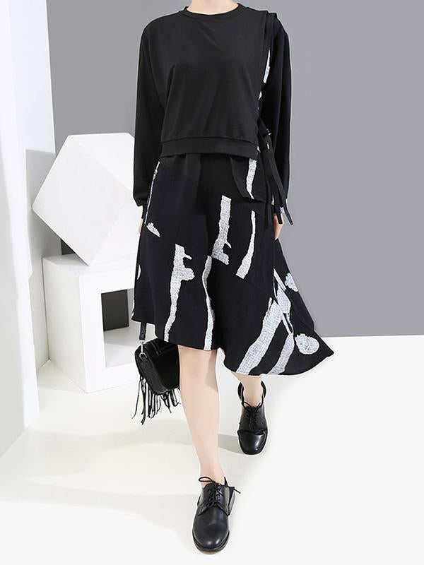 Round-Neck False Two Dress Asymmetric Long Sleeve Printed Dress With Bandage