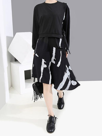 Round-Neck False Two Dress Asymmetric Long Sleeve Printed Dress With Bandage