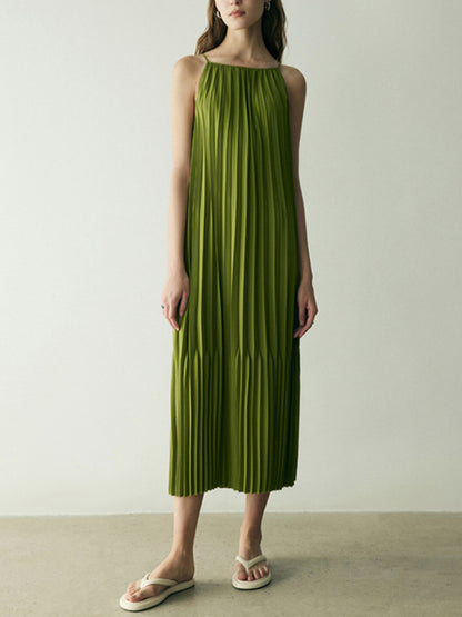 Fashion Spaghetti-Neck Solid Color Pleated Vest Dress Midi Dress