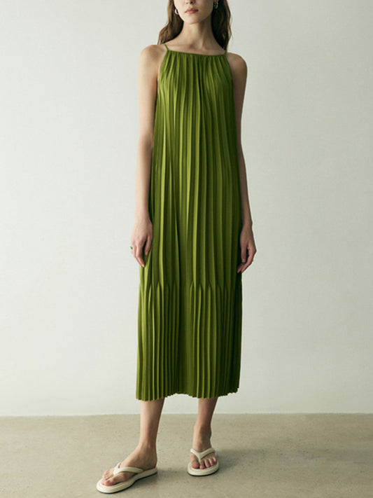 Fashion Spaghetti-Neck Solid Color Pleated Vest Dress Midi Dress