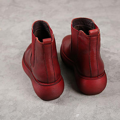 Buykud Pure Color Leather Stitching Retro Boots