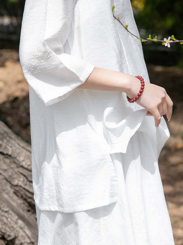 Vintage Tencel Buttoned Stand Collar High-Low Half Sleeves T-Shirt