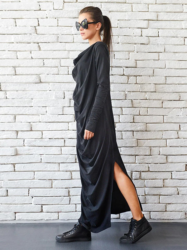 Stylish Black Pleats Heaps Collar Split-Side Long Sleeve Maxi Dress