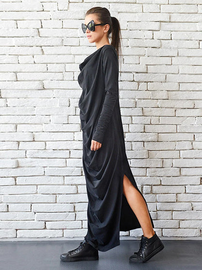 Stylish Black Pleats Heaps Collar Split-Side Long Sleeve Maxi Dress
