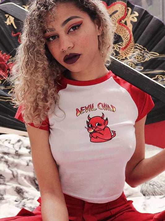 Contrast Color Printed Short Sleeves T-Shirts Tops