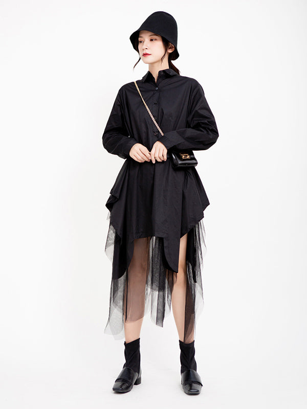 Urban Black&White Lapel Long Sleeves Shirt Dress