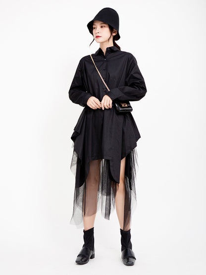 Urban Black&White Lapel Long Sleeves Shirt Dress