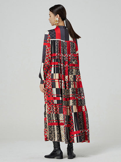 Original Bohemia Pleated Buttoned Stand Collar Long Sleeves Midi Dress