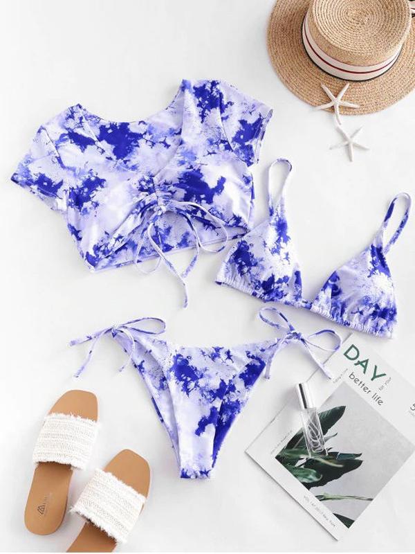 Tie-Dyed Short Sleeve & Triangle Three-Piece Split Bikini Swimsuit