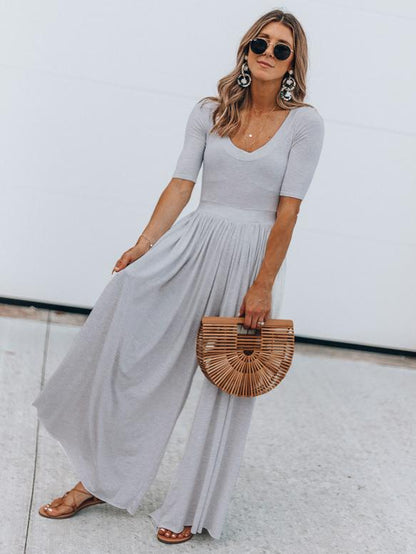 Simple Short Sleeve Wide Leg Jumpsuits