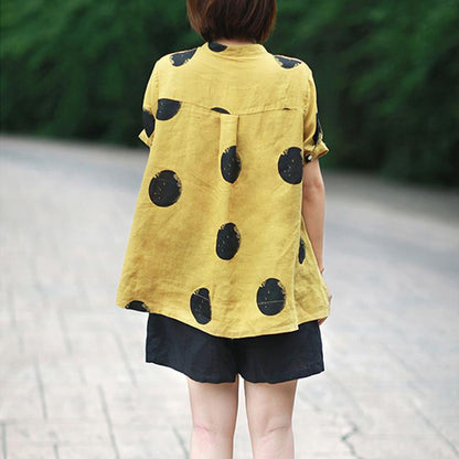 Dot Cotton Linen Short Sleeve Blouse M-3XL