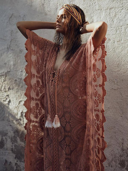 Pink Lacy Split-joint Beach Cover-up Maxi Dress