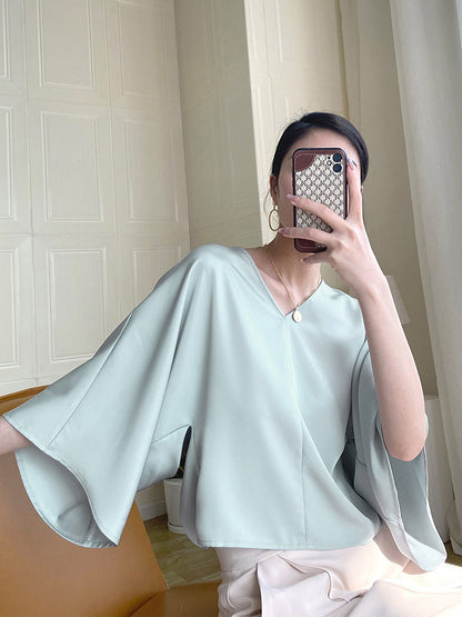 Chic Simple Solid Color Split-Joint V-Neck Batwing Sleeves T-Shirt