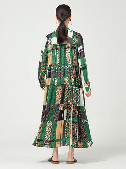 Original Bohemia Pleated Buttoned Stand Collar Long Sleeves Midi Dress